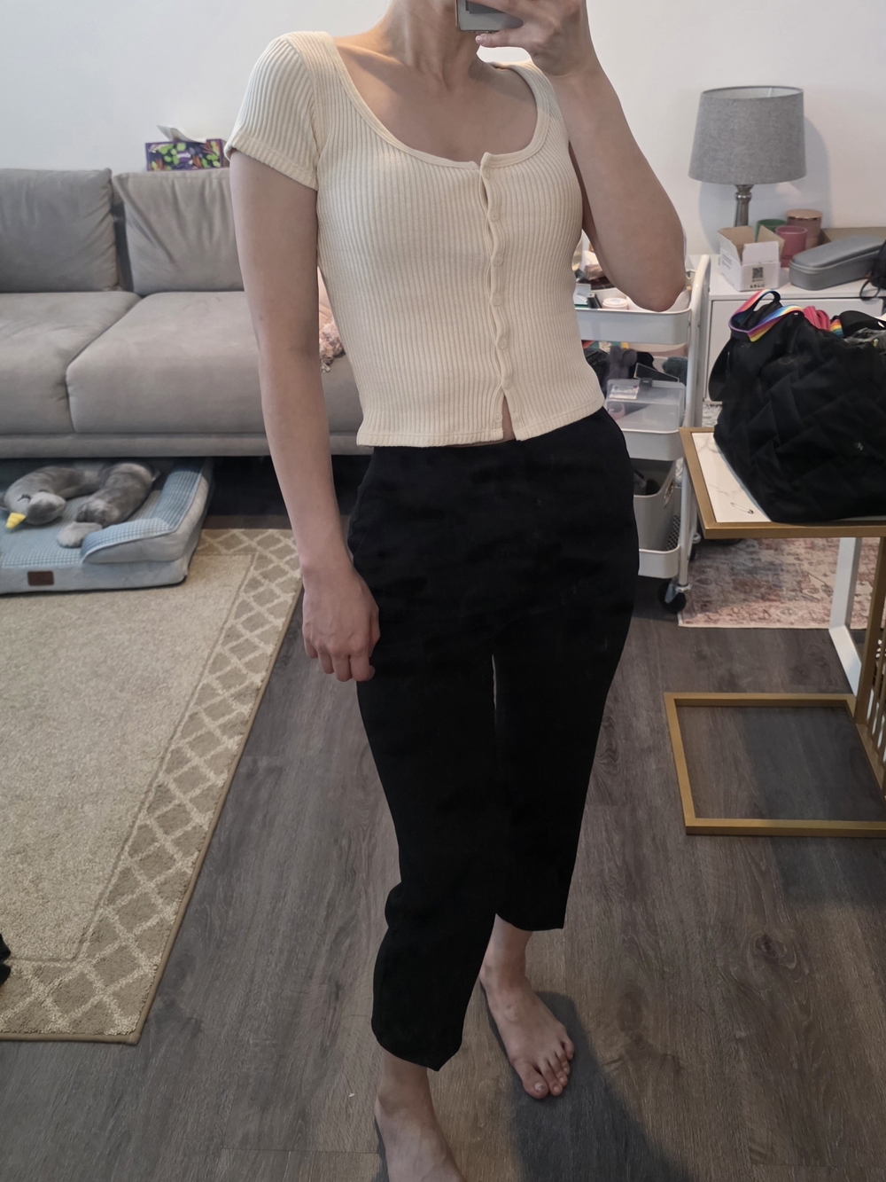 Brandy Melville Cream Ribbed Button-Front Cropped Top